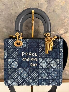 Dior Navy Quilted 'Peace and Love' Embroidered Lady Dior Satchel
